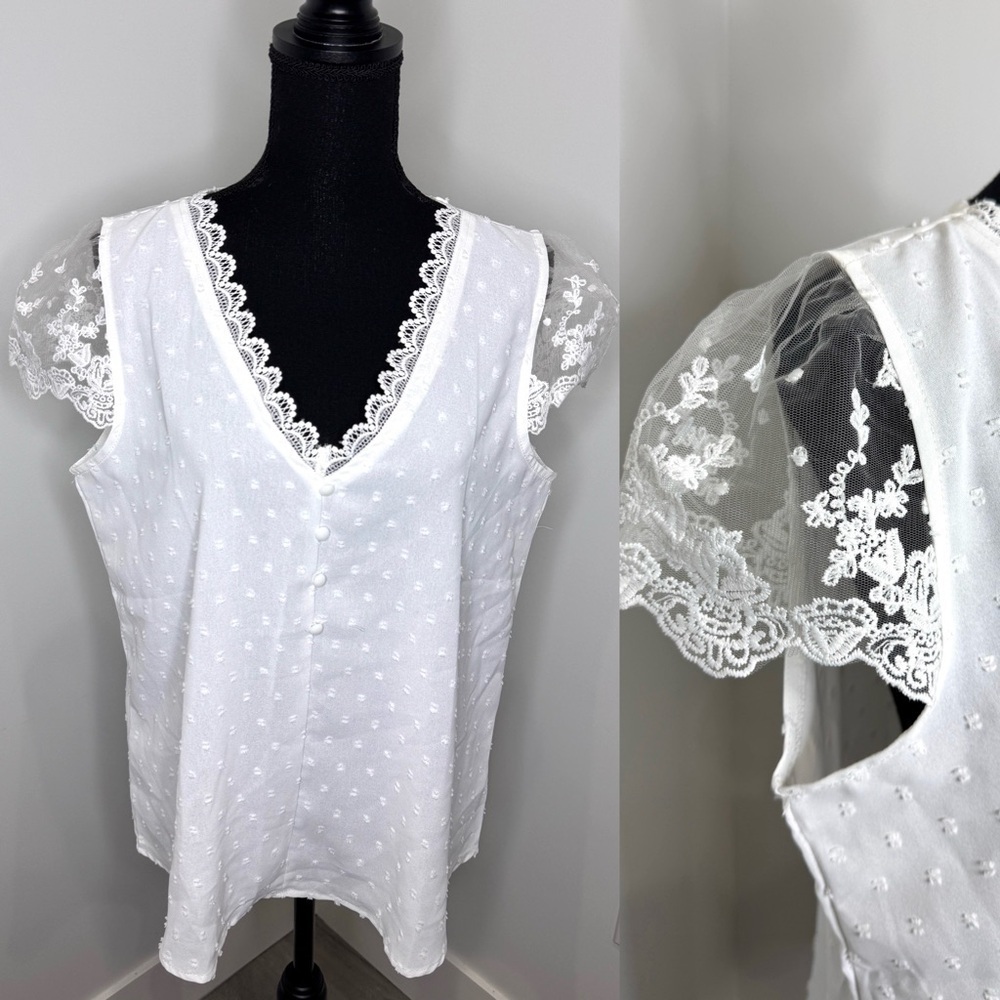 Shein White Lace Shoulder V-Neck Top (L)